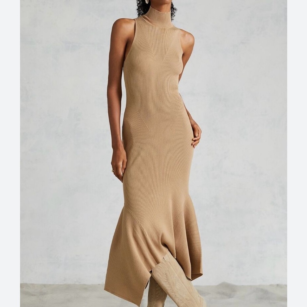 NWT Anthropologie Tan Midi Mock Neck Ribbed Knit Dress M
